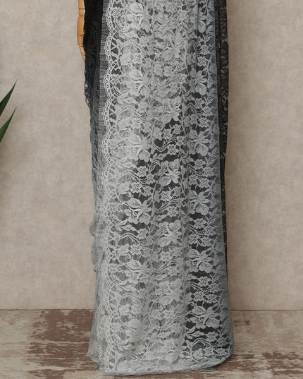 Black Grey Ombre French Chantilly Lace Saree 5.5 Meters Length 110 Cms Width Premium Floral Lace Fabric Soft Sheer Elegant Draping Party Wear Saree Fabric France Origin-D28675 Regal Fabrics