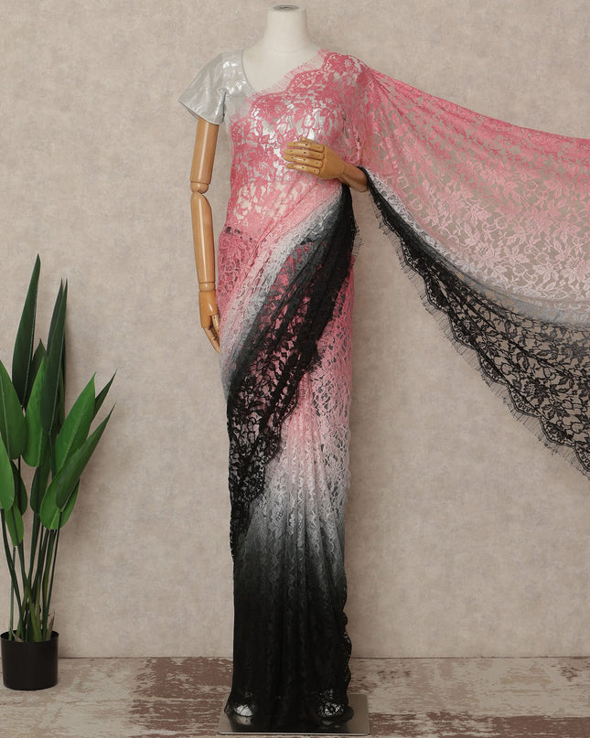 Pink Black Ombre French Chantilly Lace Saree 5.5 Meters Length 110 Cms Width Premium Floral Lace Fabric Soft Sheer Elegant Draping Party Wear Saree Fabric France Origin-D28676 Regal Fabrics