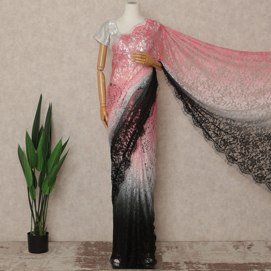 Pink Black Ombre French Chantilly Lace Saree 5.5 Meters Length 110 Cms Width Premium Floral Lace Fabric Soft Sheer Elegant Draping Party Wear Saree Fabric France Origin-D28676 Regal Fabrics