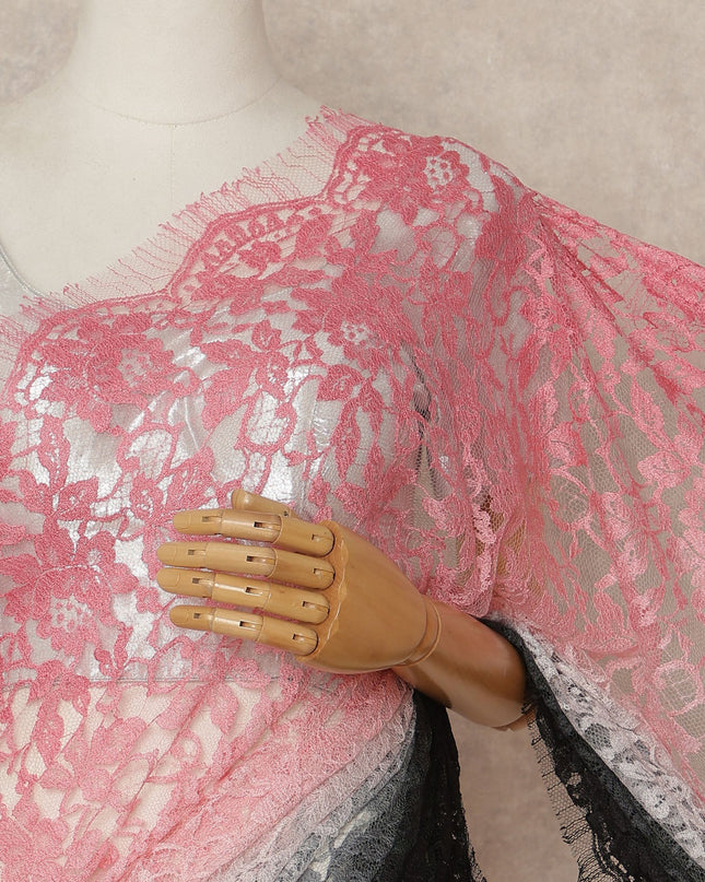 Pink Black Ombre French Chantilly Lace Saree 5.5 Meters Length 110 Cms Width Premium Floral Lace Fabric Soft Sheer Elegant Draping Party Wear Saree Fabric France Origin-D28676 Regal Fabrics