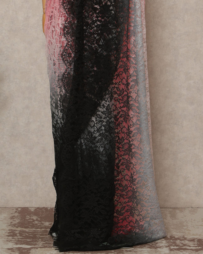 Pink Black Ombre French Chantilly Lace Saree 5.5 Meters Length 110 Cms Width Premium Floral Lace Fabric Soft Sheer Elegant Draping Party Wear Saree Fabric France Origin-D28676 Regal Fabrics