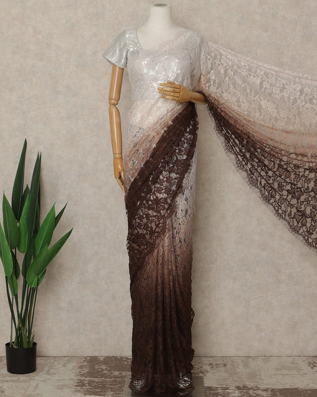 Ivory Brown Ombre French Chantilly Lace Saree 5.5 Meters Length 110 Cms Width Premium Floral Lace Fabric Soft Sheer Elegant Draping Party Wear Saree Fabric France Origin-D28677 Regal Fabrics