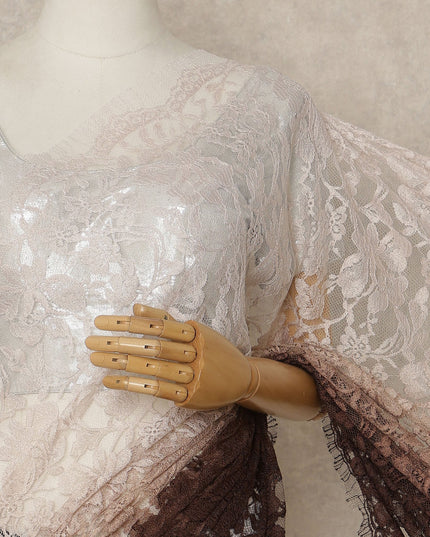 Ivory Brown Ombre French Chantilly Lace Saree 5.5 Meters Length 110 Cms Width Premium Floral Lace Fabric Soft Sheer Elegant Draping Party Wear Saree Fabric France Origin-D28677 Regal Fabrics