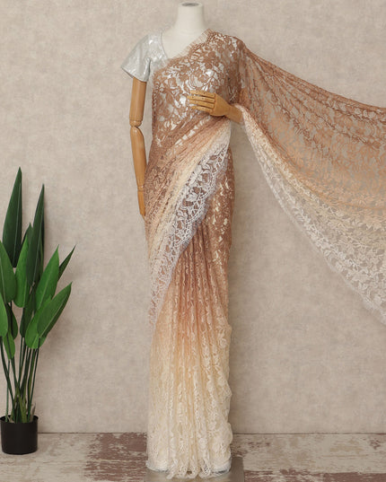 Brown Beige Ivory Ombre French Chantilly Lace Saree 5.5 Meters Length 110 Cms Width Premium Floral Lace Fabric Soft Sheer Elegant Draping Party Wear Saree Fabric France Origin-D28687 Regal Fabrics