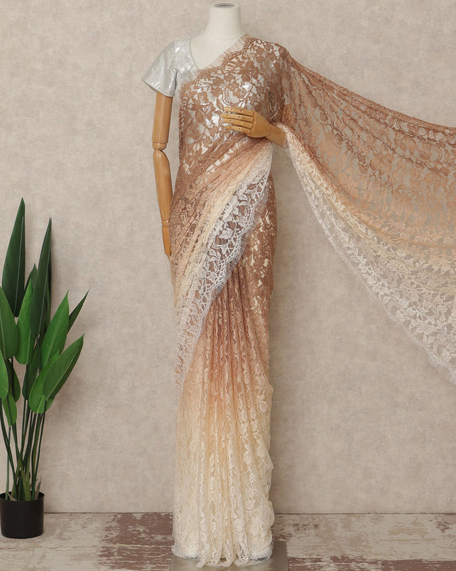 Brown Beige Ivory Ombre French Chantilly Lace Saree 5.5 Meters Length 110 Cms Width Premium Floral Lace Fabric Soft Sheer Elegant Draping Party Wear Saree Fabric France Origin-D28687 Regal Fabrics