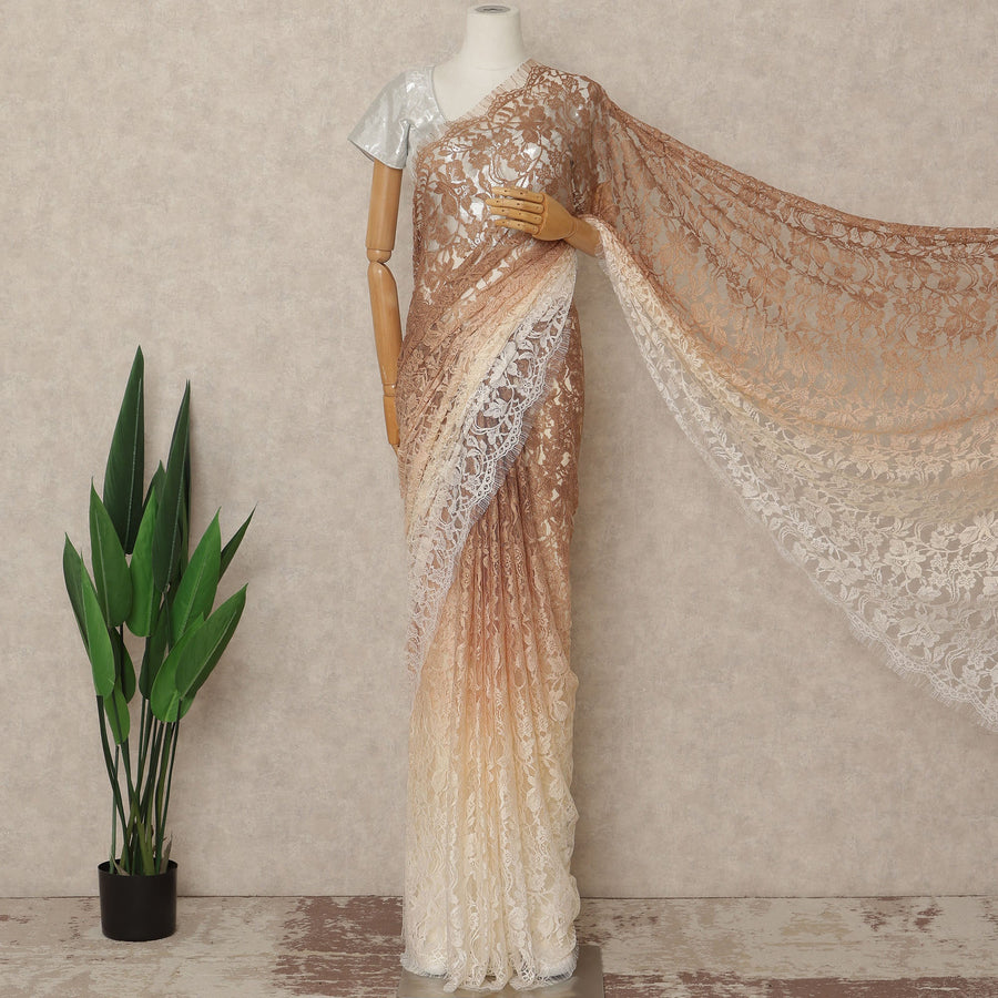 Brown Beige Ivory Ombre French Chantilly Lace Saree 5.5 Meters Length 110 Cms Width Premium Floral Lace Fabric Soft Sheer Elegant Draping Party Wear Saree Fabric France Origin-D28687 Regal Fabrics