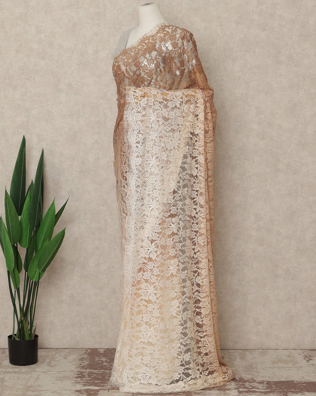 Brown Beige Ivory Ombre French Chantilly Lace Saree 5.5 Meters Length 110 Cms Width Premium Floral Lace Fabric Soft Sheer Elegant Draping Party Wear Saree Fabric France Origin-D28687 Regal Fabrics