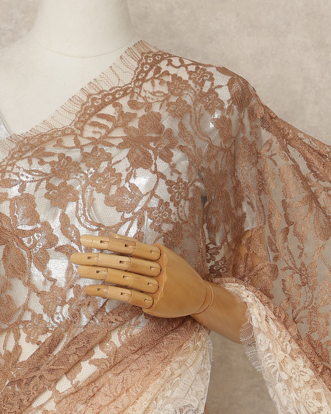 Brown Beige Ivory Ombre French Chantilly Lace Saree 5.5 Meters Length 110 Cms Width Premium Floral Lace Fabric Soft Sheer Elegant Draping Party Wear Saree Fabric France Origin-D28687 Regal Fabrics