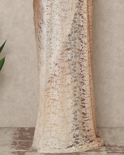Brown Beige Ivory Ombre French Chantilly Lace Saree 5.5 Meters Length 110 Cms Width Premium Floral Lace Fabric Soft Sheer Elegant Draping Party Wear Saree Fabric France Origin-D28687 Regal Fabrics