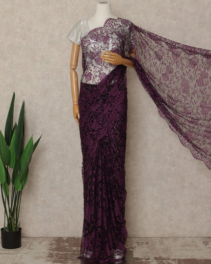 Deep Plum Purple French Chantilly Lace Saree 5.5 Meters Length 110 Cms Width Premium Floral Lace Fabric Soft Sheer Elegant Draping Party Wear Saree Fabric France Origin-D28690 Regal Fabrics
