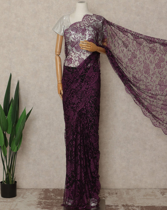 Deep Plum Purple French Chantilly Lace Saree 5.5 Meters Length 110 Cms Width Premium Floral Lace Fabric Soft Sheer Elegant Draping Party Wear Saree Fabric France Origin-D28690 Regal Fabrics