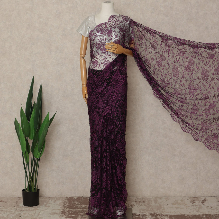 Deep Plum Purple French Chantilly Lace Saree 5.5 Meters Length 110 Cms Width Premium Floral Lace Fabric Soft Sheer Elegant Draping Party Wear Saree Fabric France Origin-D28690 Regal Fabrics