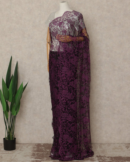 Deep Plum Purple French Chantilly Lace Saree 5.5 Meters Length 110 Cms Width Premium Floral Lace Fabric Soft Sheer Elegant Draping Party Wear Saree Fabric France Origin-D28690 Regal Fabrics