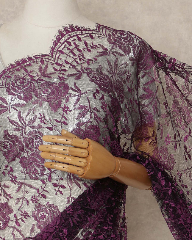 Deep Plum Purple French Chantilly Lace Saree 5.5 Meters Length 110 Cms Width Premium Floral Lace Fabric Soft Sheer Elegant Draping Party Wear Saree Fabric France Origin-D28690 Regal Fabrics
