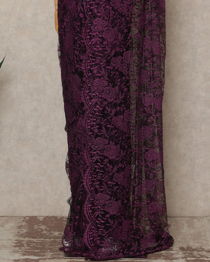 Deep Plum Purple French Chantilly Lace Saree 5.5 Meters Length 110 Cms Width Premium Floral Lace Fabric Soft Sheer Elegant Draping Party Wear Saree Fabric France Origin-D28690 Regal Fabrics