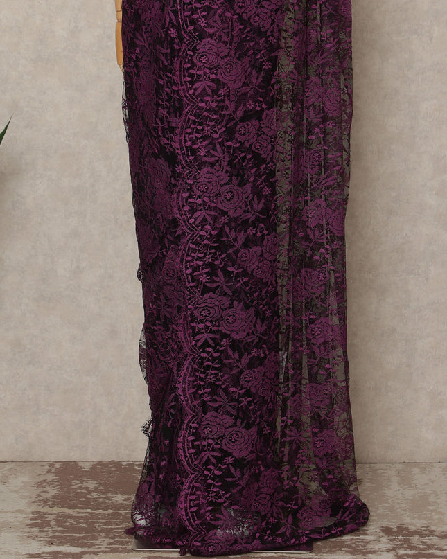 Deep Plum Purple French Chantilly Lace Saree 5.5 Meters Length 110 Cms Width Premium Floral Lace Fabric Soft Sheer Elegant Draping Party Wear Saree Fabric France Origin-D28690 Regal Fabrics