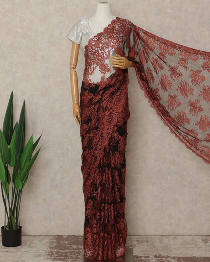 Burnt Orange Black French Chantilly Lace Saree 5.5 Meters Length 110 Cms Width Premium Floral Lace Fabric Soft Sheer Elegant Draping Party Wear Saree Fabric France Origin-D28697 Regal Fabrics