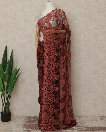 Burnt Orange Black French Chantilly Lace Saree 5.5 Meters Length 110 Cms Width Premium Floral Lace Fabric Soft Sheer Elegant Draping Party Wear Saree Fabric France Origin-D28697 Regal Fabrics