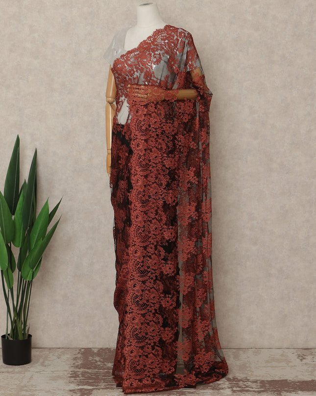 Burnt Orange Black French Chantilly Lace Saree 5.5 Meters Length 110 Cms Width Premium Floral Lace Fabric Soft Sheer Elegant Draping Party Wear Saree Fabric France Origin-D28697 Regal Fabrics