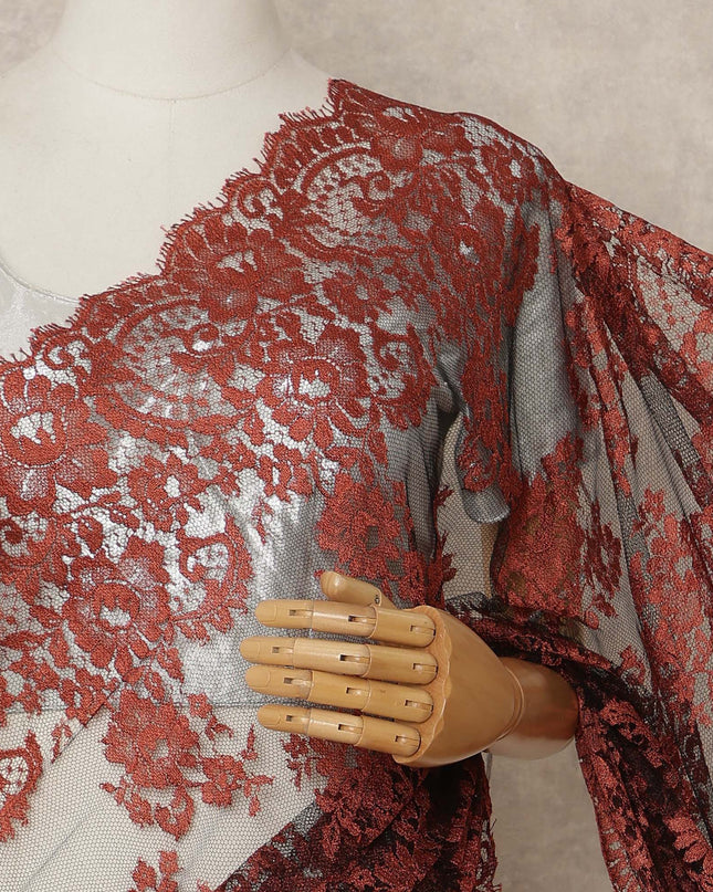Burnt Orange Black French Chantilly Lace Saree 5.5 Meters Length 110 Cms Width Premium Floral Lace Fabric Soft Sheer Elegant Draping Party Wear Saree Fabric France Origin-D28697 Regal Fabrics
