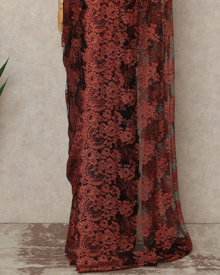 Burnt Orange Black French Chantilly Lace Saree 5.5 Meters Length 110 Cms Width Premium Floral Lace Fabric Soft Sheer Elegant Draping Party Wear Saree Fabric France Origin-D28697 Regal Fabrics