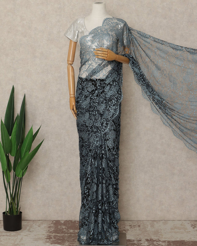 Steel Blue Black French Chantilly Lace Saree 5.5 Meters Length 110 Cms Width Premium Floral Lace Fabric Soft Sheer Elegant Draping Saree France-D28696 Regal Fabrics