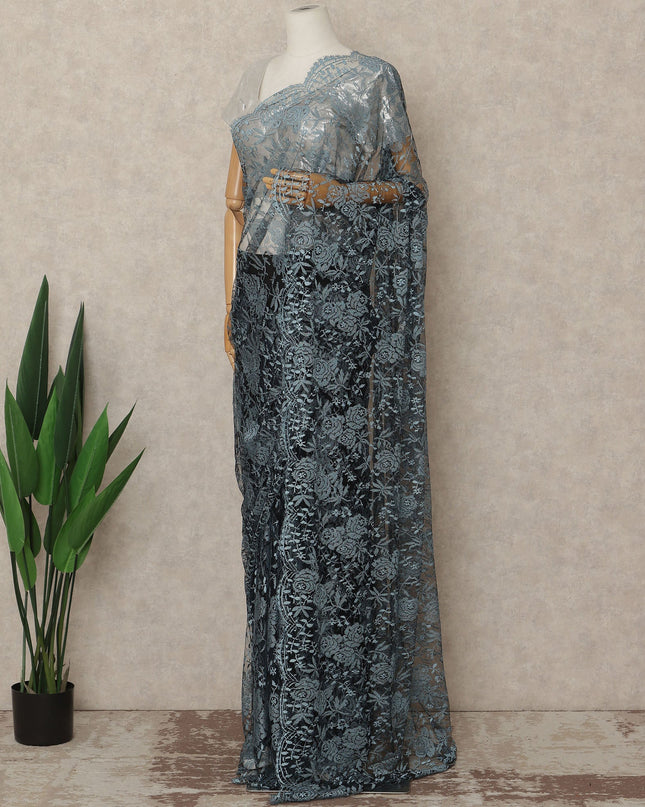 Steel Blue Black French Chantilly Lace Saree 5.5 Meters Length 110 Cms Width Premium Floral Lace Fabric Soft Sheer Elegant Draping Saree France-D28696 Regal Fabrics