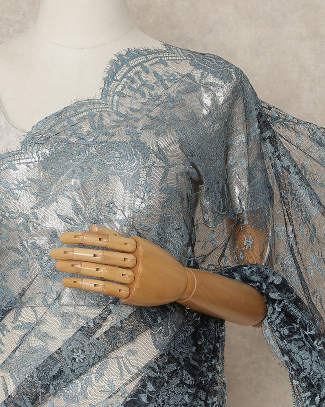 Steel Blue Black French Chantilly Lace Saree 5.5 Meters Length 110 Cms Width Premium Floral Lace Fabric Soft Sheer Elegant Draping Saree France-D28696 Regal Fabrics