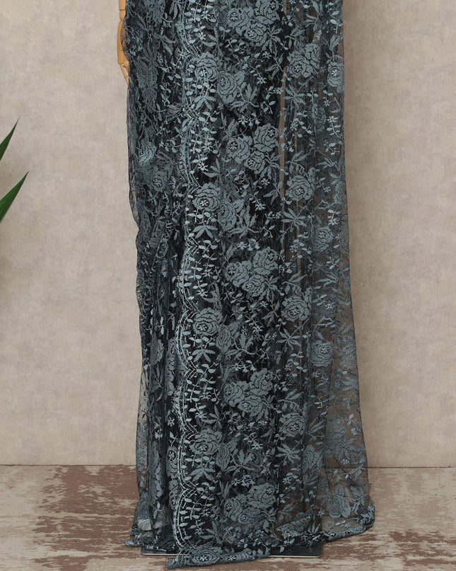 Steel Blue Black French Chantilly Lace Saree 5.5 Meters Length 110 Cms Width Premium Floral Lace Fabric Soft Sheer Elegant Draping Saree France-D28696 Regal Fabrics