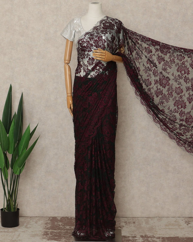 Burgundy Wine Black French Chantilly Lace Saree 5.5 Meters Length 110 Cms Width Premium Floral Lace Fabric Soft Sheer Elegant Draping Party Wear Saree Fabric France Origin-D28698 Regal Fabrics