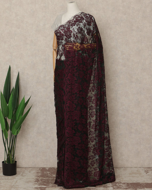 Burgundy Wine Black French Chantilly Lace Saree 5.5 Meters Length 110 Cms Width Premium Floral Lace Fabric Soft Sheer Elegant Draping Party Wear Saree Fabric France Origin-D28698 Regal Fabrics