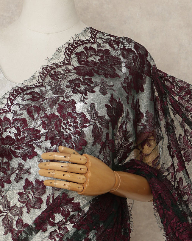 Burgundy Wine Black French Chantilly Lace Saree 5.5 Meters Length 110 Cms Width Premium Floral Lace Fabric Soft Sheer Elegant Draping Party Wear Saree Fabric France Origin-D28698 Regal Fabrics