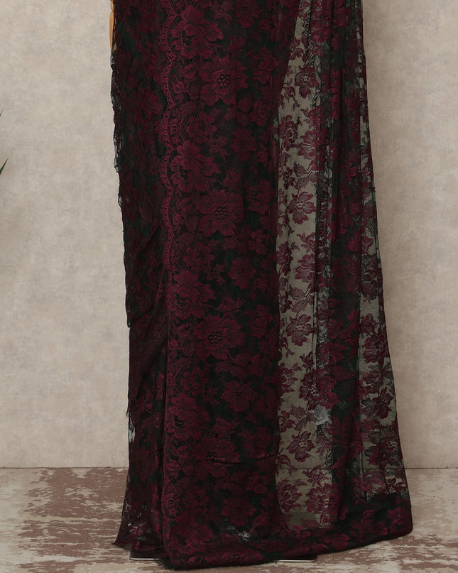 Burgundy Wine Black French Chantilly Lace Saree 5.5 Meters Length 110 Cms Width Premium Floral Lace Fabric Soft Sheer Elegant Draping Party Wear Saree Fabric France Origin-D28698 Regal Fabrics