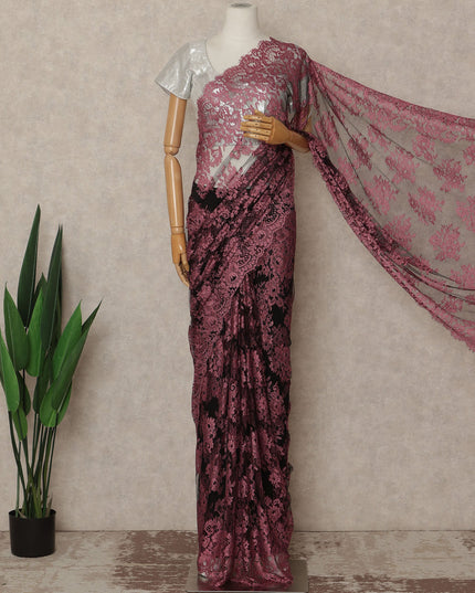 Rose Pink Black Ombre French Chantilly Lace Saree 5.5 Meters Length 110 Cms Width Premium Floral Lace Fabric Soft Sheer Elegant Draping Party Wear Saree Fabric France Origin-D28693 Regal Fabrics