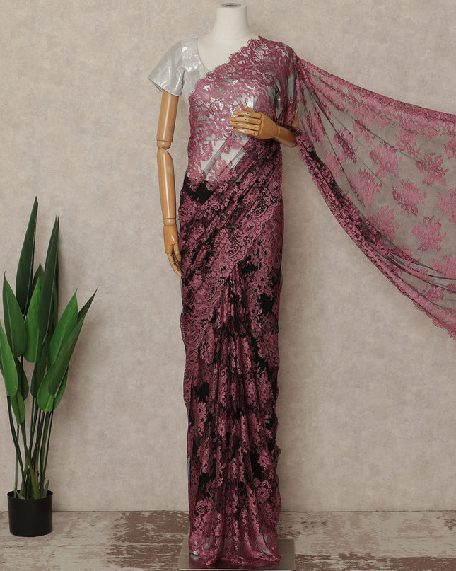 Rose Pink Black Ombre French Chantilly Lace Saree 5.5 Meters Length 110 Cms Width Premium Floral Lace Fabric Soft Sheer Elegant Draping Party Wear Saree Fabric France Origin-D28693 Regal Fabrics