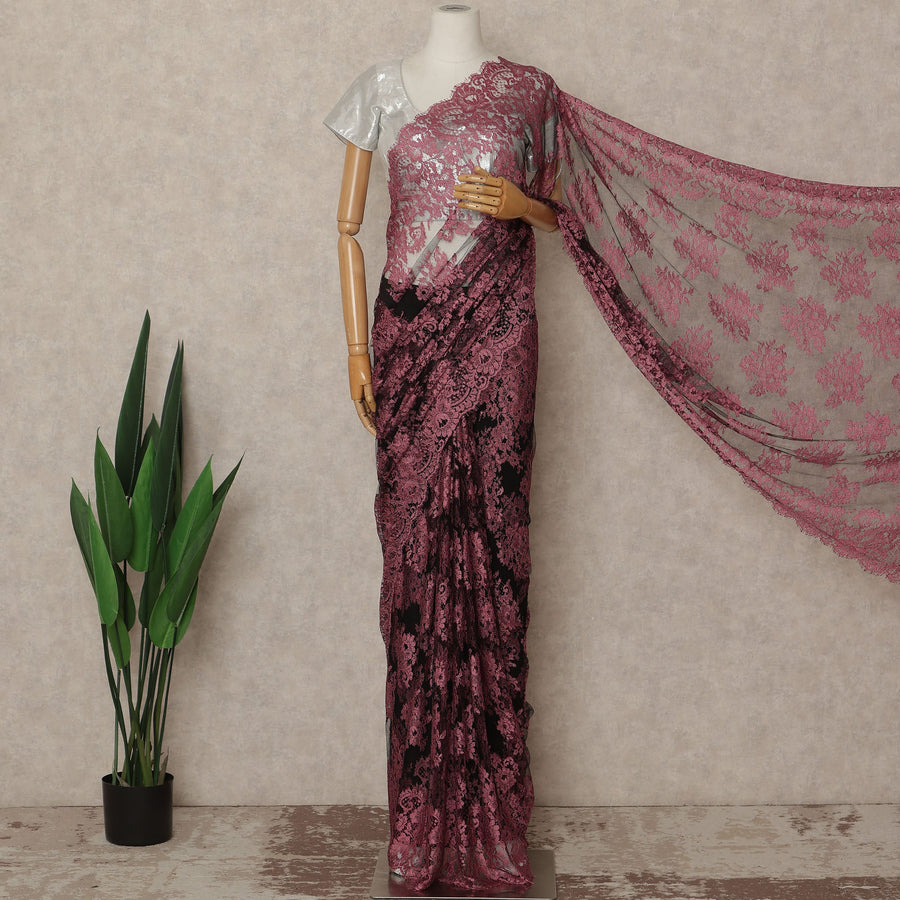 Rose Pink Black Ombre French Chantilly Lace Saree 5.5 Meters Length 110 Cms Width Premium Floral Lace Fabric Soft Sheer Elegant Draping Party Wear Saree Fabric France Origin-D28693 Regal Fabrics