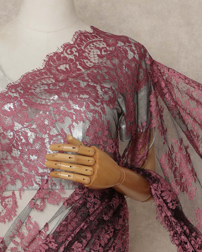 Rose Pink Black Ombre French Chantilly Lace Saree 5.5 Meters Length 110 Cms Width Premium Floral Lace Fabric Soft Sheer Elegant Draping Party Wear Saree Fabric France Origin-D28693 Regal Fabrics