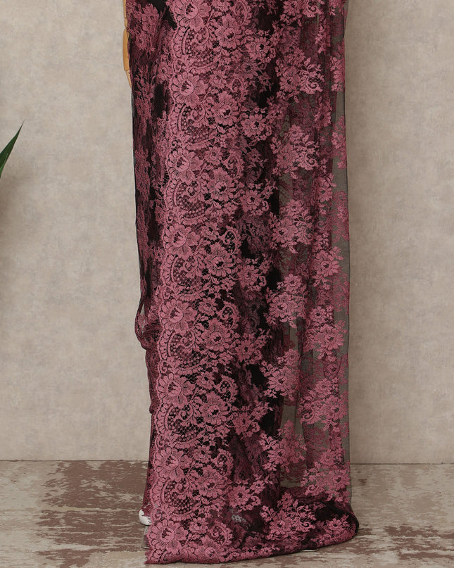 Rose Pink Black Ombre French Chantilly Lace Saree 5.5 Meters Length 110 Cms Width Premium Floral Lace Fabric Soft Sheer Elegant Draping Party Wear Saree Fabric France Origin-D28693 Regal Fabrics