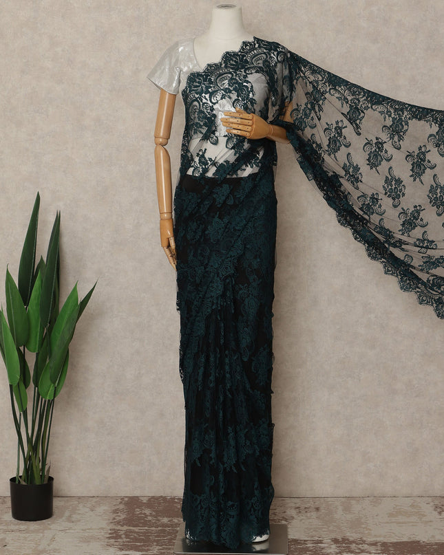 Dark Teal Green French Chantilly Lace Saree 5.5 Meters Length 110 Cms Width Premium Floral Lace Fabric Soft Sheer Elegant Draping Party Wear Saree Fabric France Origin-D28691 Regal Fabrics
