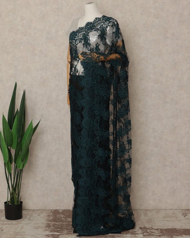 Dark Teal Green French Chantilly Lace Saree 5.5 Meters Length 110 Cms Width Premium Floral Lace Fabric Soft Sheer Elegant Draping Party Wear Saree Fabric France Origin-D28691 Regal Fabrics
