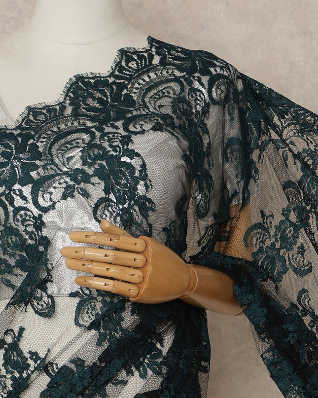 Dark Teal Green French Chantilly Lace Saree 5.5 Meters Length 110 Cms Width Premium Floral Lace Fabric Soft Sheer Elegant Draping Party Wear Saree Fabric France Origin-D28691 Regal Fabrics