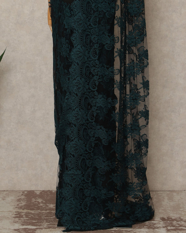 Dark Teal Green French Chantilly Lace Saree 5.5 Meters Length 110 Cms Width Premium Floral Lace Fabric Soft Sheer Elegant Draping Party Wear Saree Fabric France Origin-D28691 Regal Fabrics