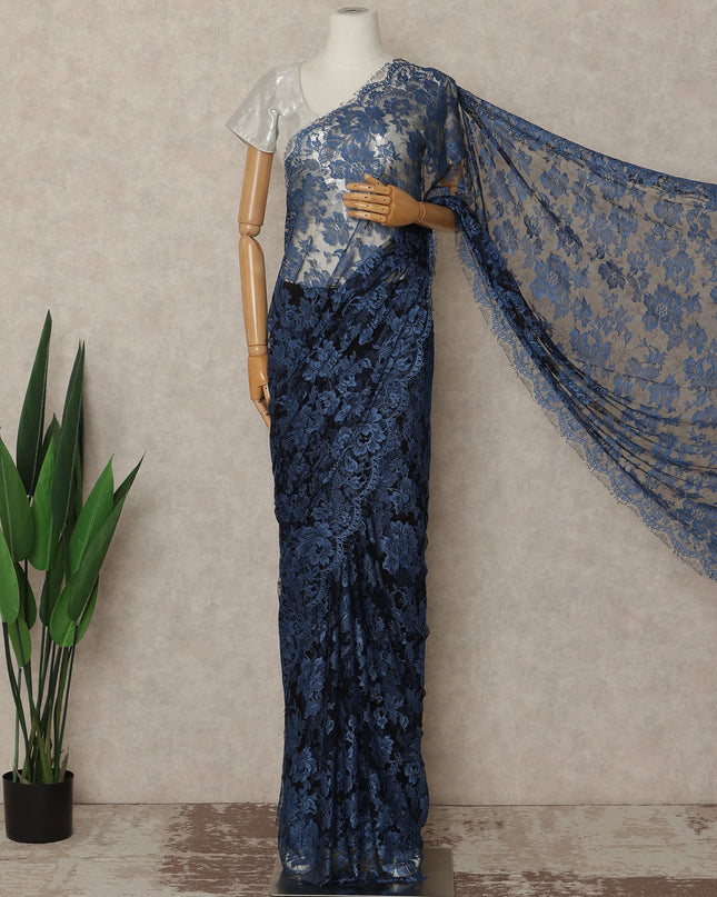 Navy Blue French Chantilly Lace Saree 5.5 Meters Length 110 Cms Width Premium Floral Lace Fabric Soft Sheer Elegant Draping Party Wear Saree Fabric France Origin-D28692 Regal Fabrics