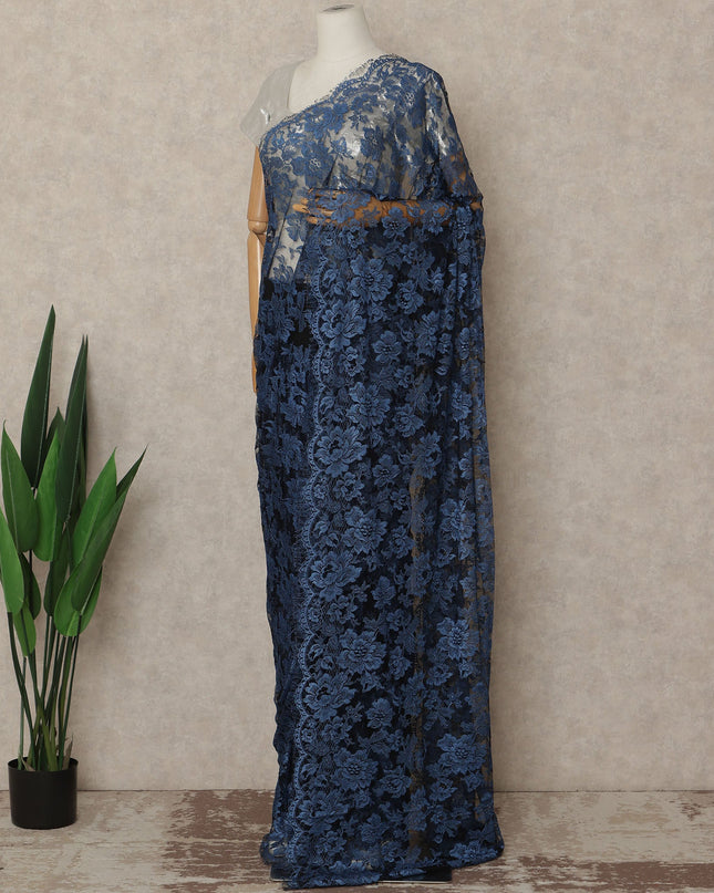 Navy Blue French Chantilly Lace Saree 5.5 Meters Length 110 Cms Width Premium Floral Lace Fabric Soft Sheer Elegant Draping Party Wear Saree Fabric France Origin-D28692 Regal Fabrics
