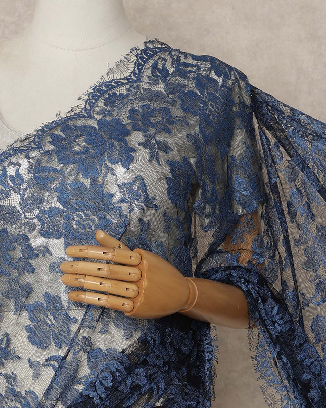Navy Blue French Chantilly Lace Saree 5.5 Meters Length 110 Cms Width Premium Floral Lace Fabric Soft Sheer Elegant Draping Party Wear Saree Fabric France Origin-D28692 Regal Fabrics