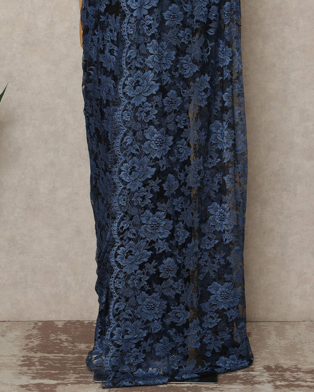 Navy Blue French Chantilly Lace Saree 5.5 Meters Length 110 Cms Width Premium Floral Lace Fabric Soft Sheer Elegant Draping Party Wear Saree Fabric France Origin-D28692 Regal Fabrics