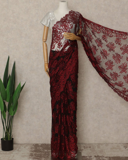 Red Black French Chantilly Lace Saree 5.5 Meters Length 110 Cms Width Premium Floral Lace Fabric Soft Sheer Elegant Draping Party Wear Saree Fabric France Origin-D28689 Regal Fabrics