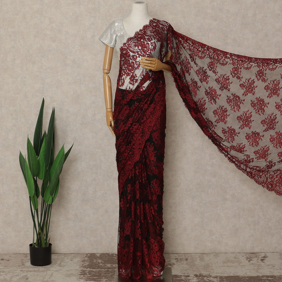 Red Black French Chantilly Lace Saree 5.5 Meters Length 110 Cms Width Premium Floral Lace Fabric Soft Sheer Elegant Draping Party Wear Saree Fabric France Origin-D28689 Regal Fabrics