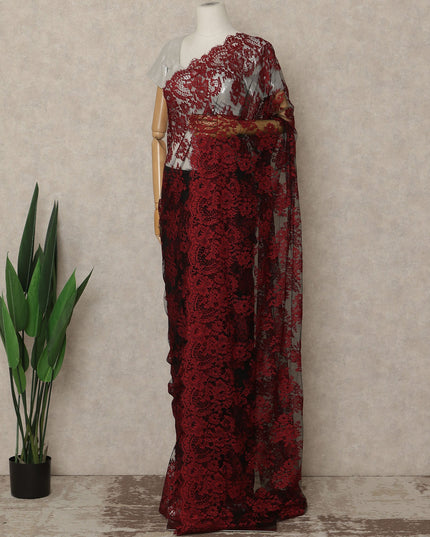 Red Black French Chantilly Lace Saree 5.5 Meters Length 110 Cms Width Premium Floral Lace Fabric Soft Sheer Elegant Draping Party Wear Saree Fabric France Origin-D28689 Regal Fabrics