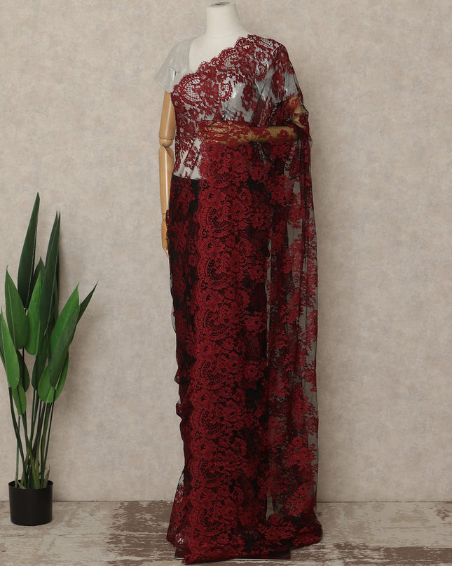 Red Black French Chantilly Lace Saree 5.5 Meters Length 110 Cms Width Premium Floral Lace Fabric Soft Sheer Elegant Draping Party Wear Saree Fabric France Origin-D28689 Regal Fabrics